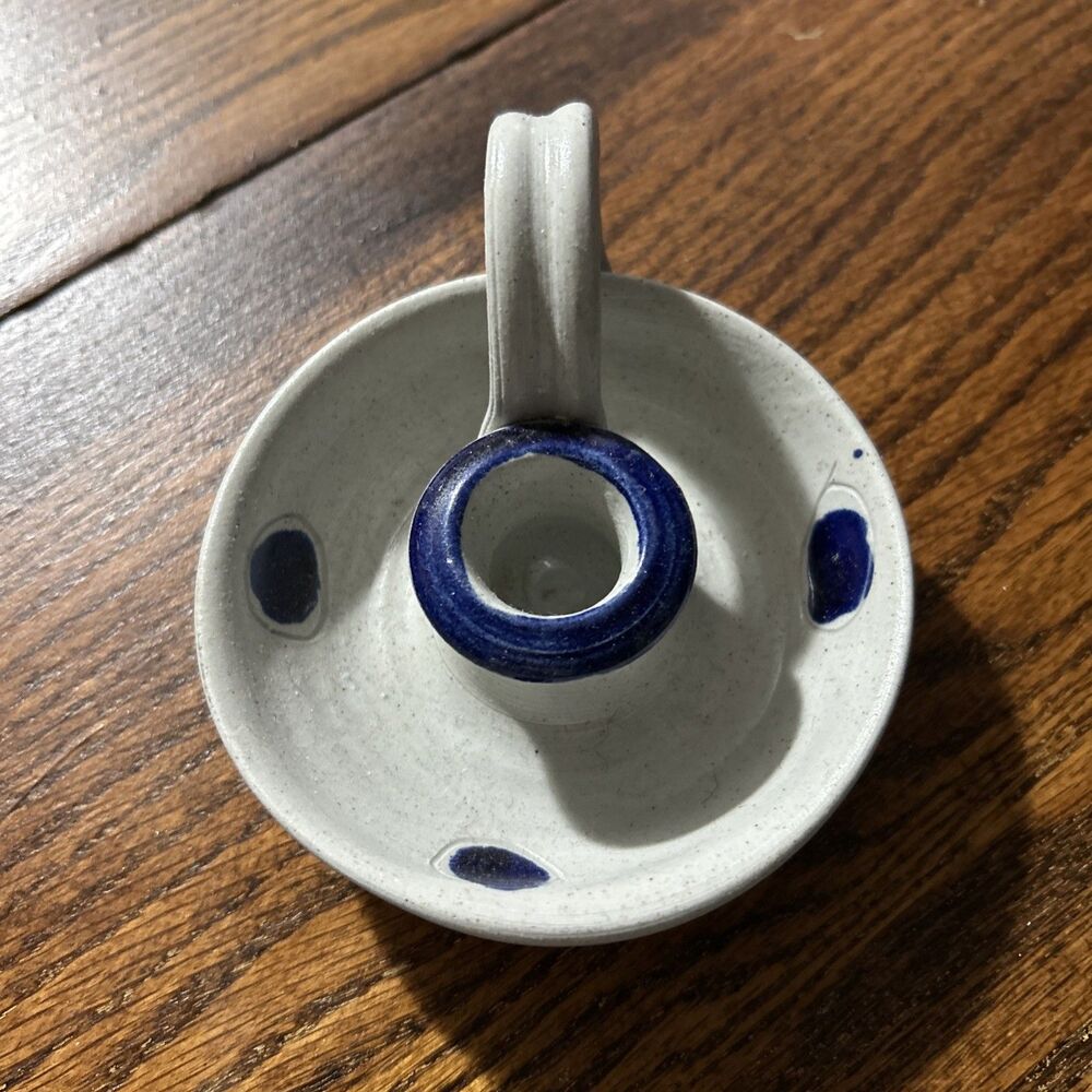 Williamsburg Pottery Stoneware Chamberstick Candle Holder Gray Blue Potter